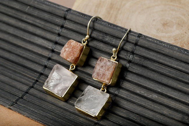 Rose quartz and Sunstone Crystal Earrings