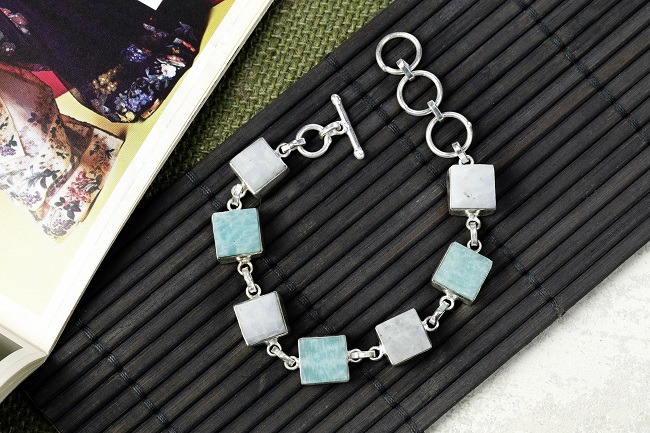 Rainbow Moonstone and Amazonite Silver Bracelet