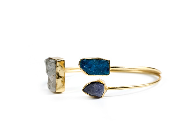 Minimalist Clear Quartz and Tanzanite cuff bracelet