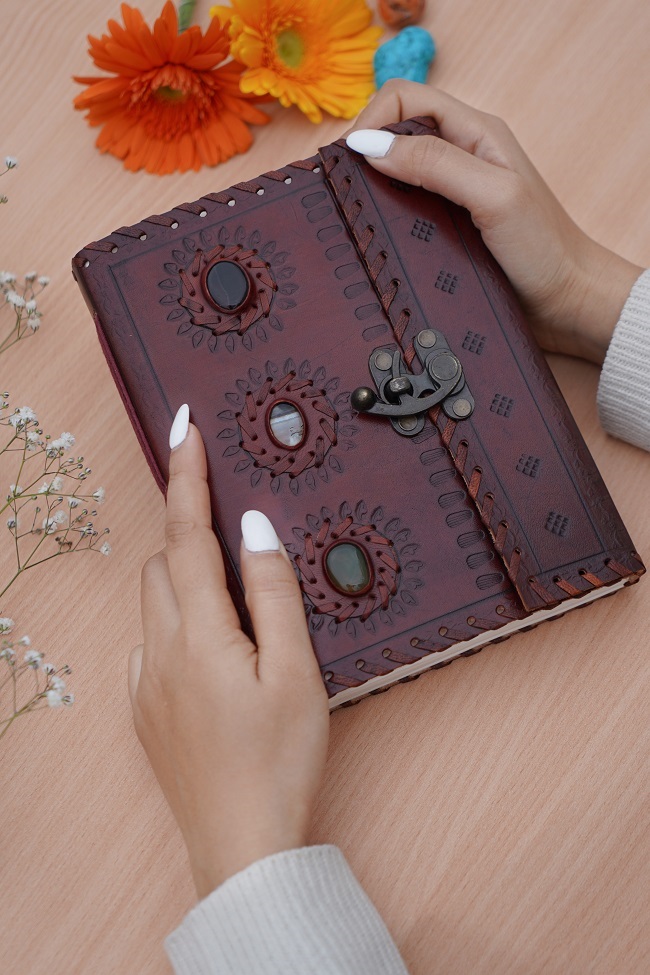 Buy 3 Stone Embossed Recycled Handmade Paper Leather Journal With Lock