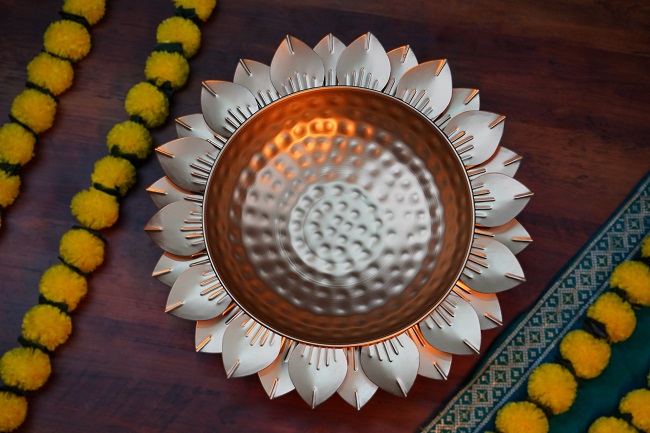 Round Lotus Leaf Urli-Brass Flower Bowl For Festivals