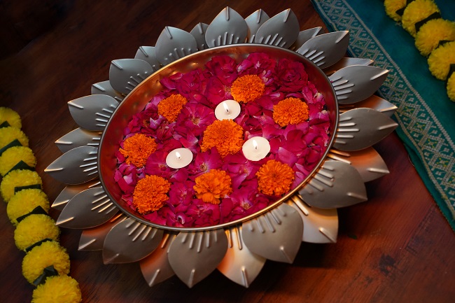 Round Lotus Leaf Urli-Brass Flower Bowl For Festivals