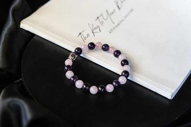 Rose Quartz and Amethyst Crystal Buddha Charm Bracelet
