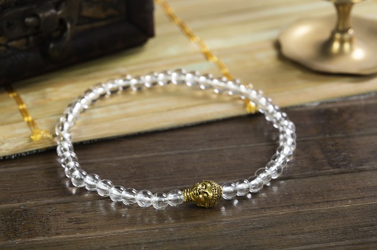 Clear Quartz Bracelet 4mm with Gold Buddha Charm