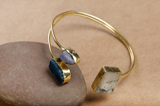Minimalist Clear Quartz and Tanzanite cuff bracelet