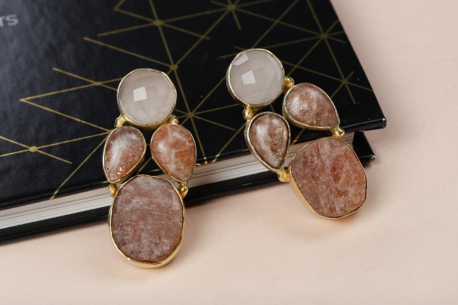 Dangling Sunstone Rose Quartz Earrings