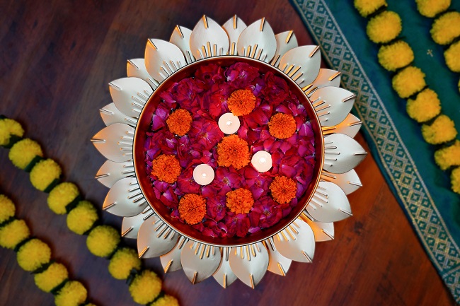 Round Lotus Leaf Urli-Brass Flower Bowl For Festivals